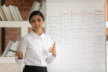 Millennial Indian female tutor or coach present new topic on flip chart have online lesson with...