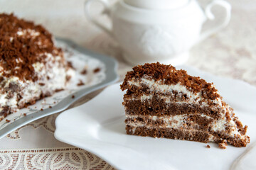 Appetizing homemade cake with coffee biscuit and sour cream