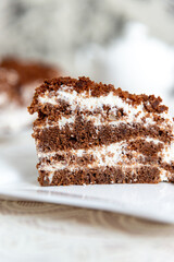 Appetizing homemade cake with coffee biscuit and sour cream