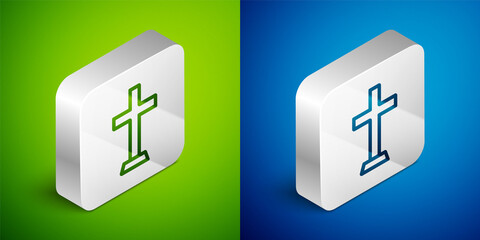 Isometric line Christian cross icon isolated on green and blue background. Church cross. Silver square button. Vector.