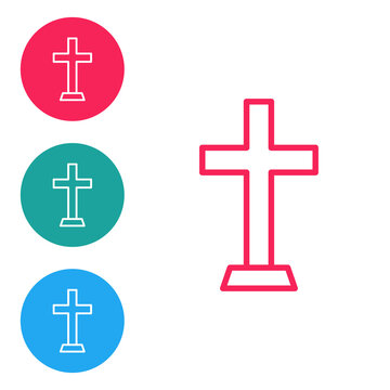 Red line Christian cross icon isolated on white background. Church cross. Set icons in circle buttons. Vector.