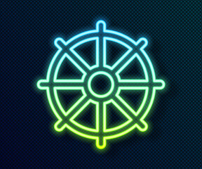Glowing neon line Dharma wheel icon isolated on black background. Buddhism religion sign. Dharmachakra symbol. Vector.