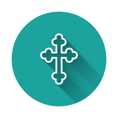 White line Christian cross icon isolated with long shadow background. Church cross. Green circle button. Vector.