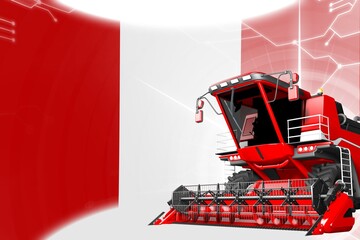 Agriculture innovation concept, red advanced wheat combine harvester on Peru flag - digital industrial 3D illustration