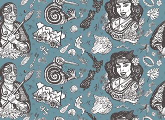 Naklejka premium New Zealand seamless pattern. Aboriginal tribes, Maori man warrior grimace. Tradition and people. Tourism and travel. Old school tattoo collection. Ethnic Polynesian woman in traditional costume