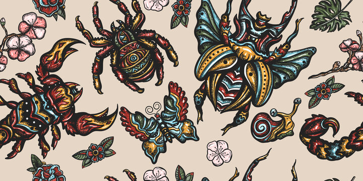 Insects background. Stag beetle, butterfly, snail, scorpion and spider. Old school tattoo vector seamless pattern