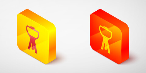 Isometric line Floor lamp icon isolated on grey background. Yellow and orange square button. Vector.