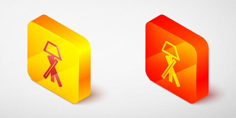 Isometric line Floor lamp icon isolated on grey background. Yellow and orange square button. Vector.