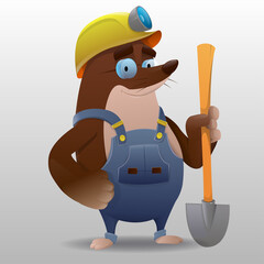 Cartoon cute mole miner with a shovel. Vector illustration