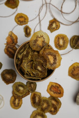 Dried fruit on colored background. Pattern of a fruit frips. Healthy eating