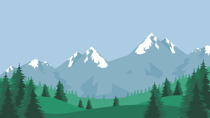 Green meadows, pine trees, with mountains landscape. vector illustration.