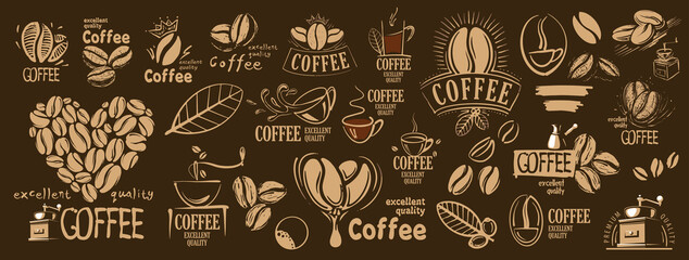 Large vector set of drawn logos and coffee elements - 413743359