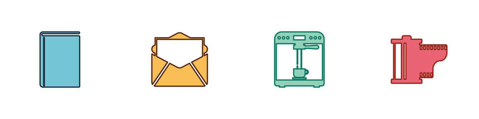 Set Book, Mail and e-mail, Coffee machine cup and Camera film roll cartridge icon. Vector.