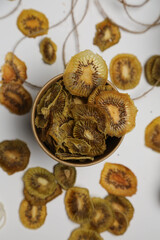 Dried fruit on colored background. Pattern of a fruit frips. Healthy eating