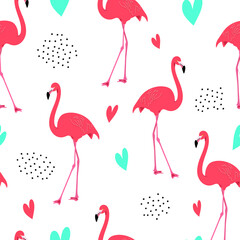 Seamless pattern with exotic pink flamingos on a white background. Birds for printing on fabric, textiles, paper, bedding. Vector graphics.
