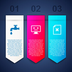 Set Water tap, Dead monitor and Delete file document. Business infographic template. Vector.