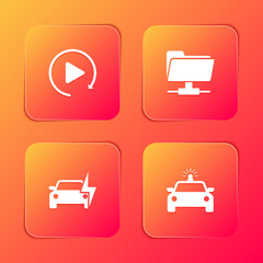 Set Video play button, FTP folder, Electric car and Police and flasher icon. Vector.