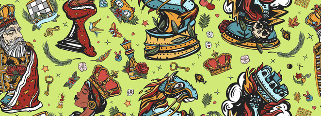 Chess pattern. Checkmate concept. Traditional tattooing art. White king and black queen. Gambit. Pieces, board game. Old school tattoo style. Fiery knight and burning rook