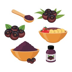 Illustration of acai berry and smoothie in bowl 