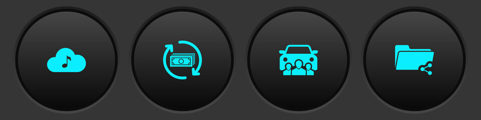 Set Music streaming service, Refund money, Car sharing and Share folder icon. Vector.