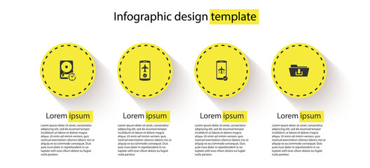 Set Hard disk drive with clockwise, Flight mode in the mobile, and Folder download. Business infographic template. Vector.