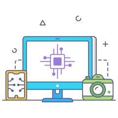 
Flat outline icon of computer chip, conceptual vector 

