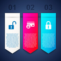 Set Open padlock, Credit card with and Lock. Business infographic template. Vector.