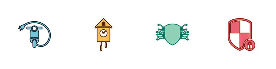 Set Electric scooter, Retro wall watch, Cyber security and Shield with lock icon. Vector.