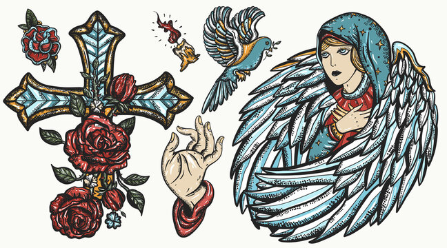 Angel. Old school color tattoo vector collection.  Paradise and Hell art. Good and evil set. Holy nun. Cross with roses, hands prayer, dove. Sin and holiness