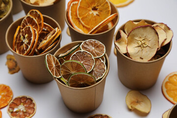 Dried fruit on colored background. Pattern of a fruit frips. Healthy eating