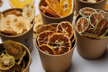 Dried fruit on colored background. Pattern of a fruit frips. Healthy eating