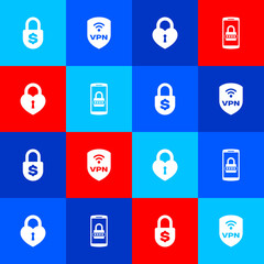 Set Money lock, Shield with VPN wireless, Castle in the shape of heart and Mobile and password icon. Vector.