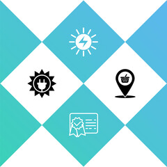 Set Solar energy panel, Certificate template, and Location shopping basket icon. Vector.