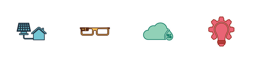 Set House with solar panel, Smart glasses, Humidity and Light bulb and gear icon. Vector.