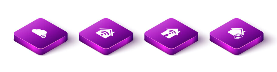 Set Isometric Humidity, Smart home with wi-fi, and House under protection icon. Vector.