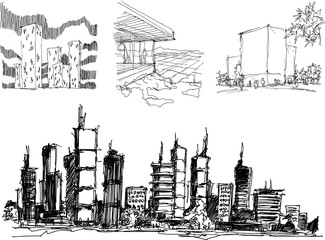 four hand drawn architectural sketches of a modern city with high buildings and people in the streets