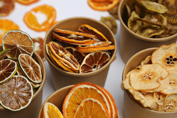 Dried fruit on colored background. Pattern of a fruit frips. Healthy eating