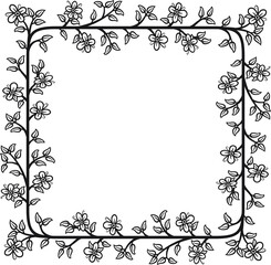 Square border with flowers, 3. Vector illustration in black line on white background of a square frame of flowers.