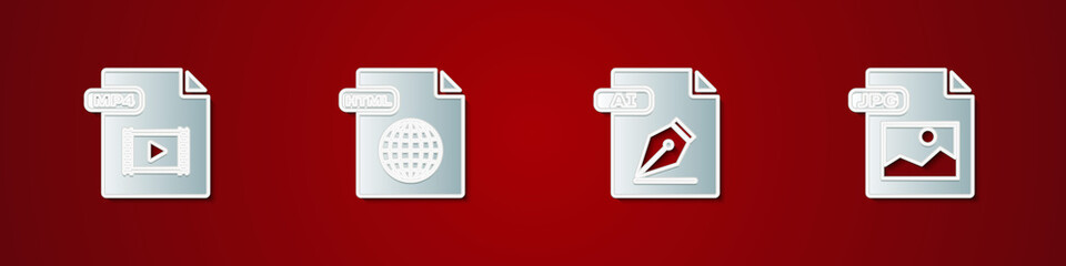 Set MP4 file document, HTML, AI and JPG icon. Vector.