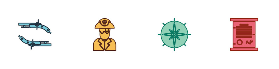 Set Vintage pistols, Pirate captain, Wind rose and Decree, parchment, scroll icon. Vector.