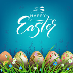 Easter blue illustration, eggs with a beautiful pattern in the grass with flowers