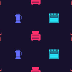 Set Oven, French press, Toaster with toasts and Barbecue fork on seamless pattern. Vector.