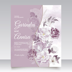 Fototapeta na wymiar Beautiful purple floral hand drawn wedding invitation card Premium Vector