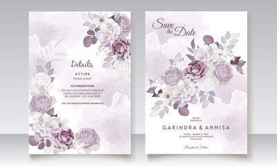 Fototapeta na wymiar Beautiful purple floral hand drawn wedding invitation card Premium Vector