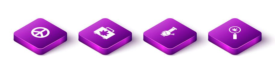 Set Isometric Peace, Shopping box of marijuana, Glass bong for smoking and Magnifying glass and icon. Vector.