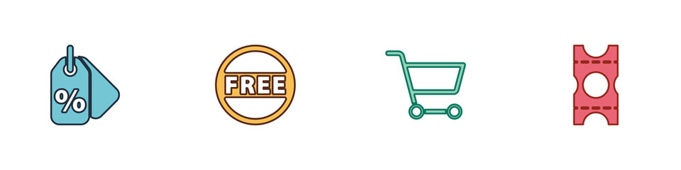 Set Discount percent tag, Price with Free, Shopping cart and Coupon icon. Vector.