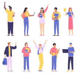Obraz premium Group of happy students in casual clothes isolated on a white background. Multicultural characters. Vector illustration in flat style.