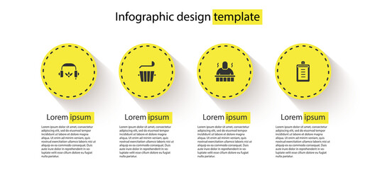 Set Headphones for meditation, Sauna bucket and ladle, spa procedures and Clipboard with checklist. Business infographic template. Vector.