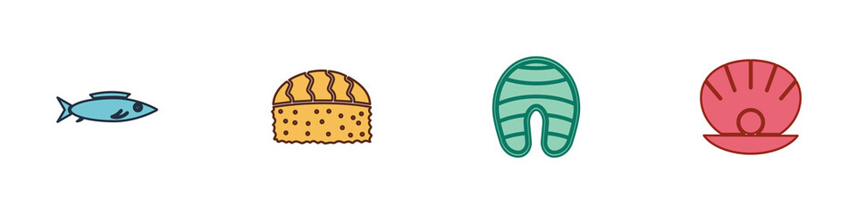 Set Fish, Sushi, steak and Shell with pearl icon. Vector.