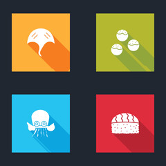 Set Stingray, Takoyaki, Octopus and Sushi icon. Vector.